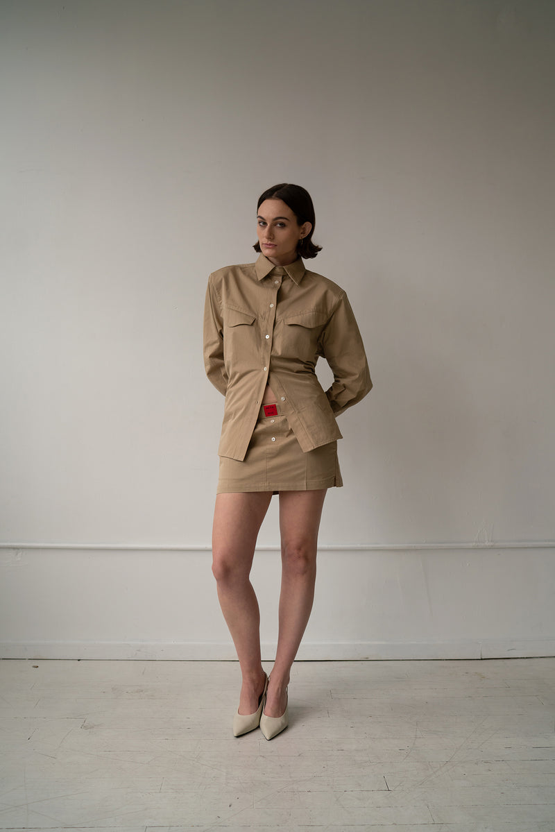 HCTR Mini Cotton Poplin Boxer Skirt in Fawn — full length view styled with matching cotton poplin overshirt